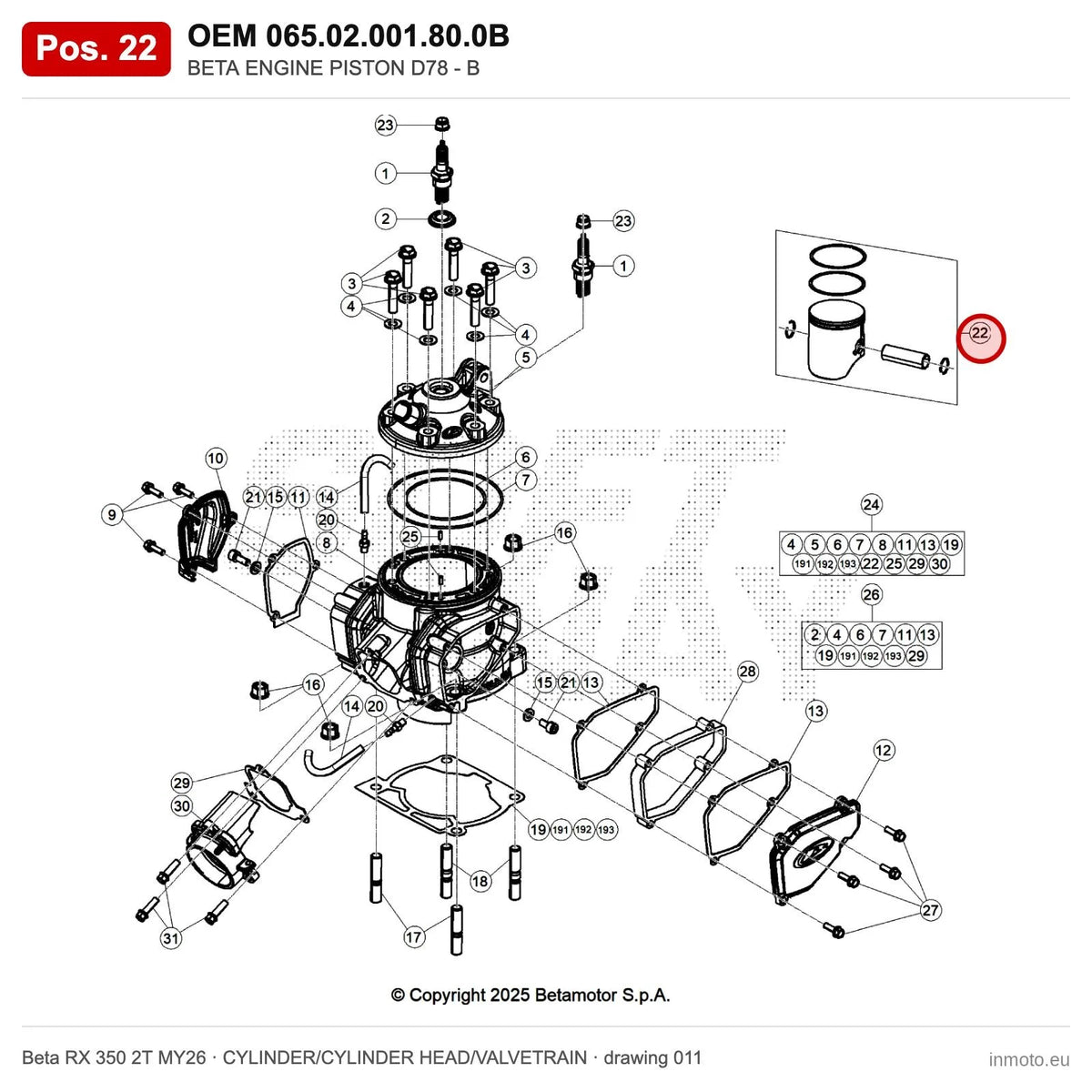 BETA ENGINE PISTON D78 - B – OEM 065.02.001.80.0B, position 22 on the Beta RX 350 2T MY26 cylinder/cylinder head/valvetrain drawing