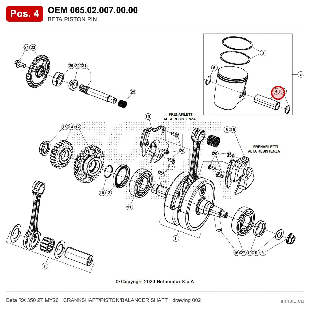 BETA PISTON PIN – OEM 065.02.007.00.00, position 4 on the Beta RX 350 2T MY26 crankshaft/piston/balancer shaft drawing