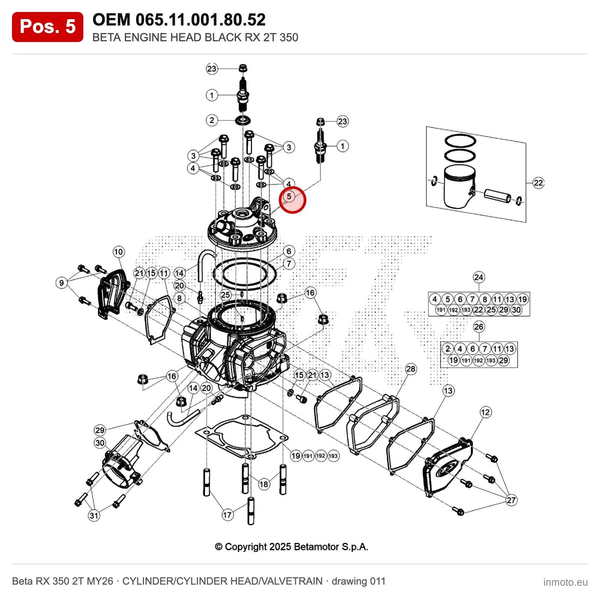 BETA ENGINE HEAD BLACK RX 2T 350 – OEM 065.11.001.80.52, position 5 on the Beta RX 350 2T MY26 cylinder/cylinder head/valvetrain drawing