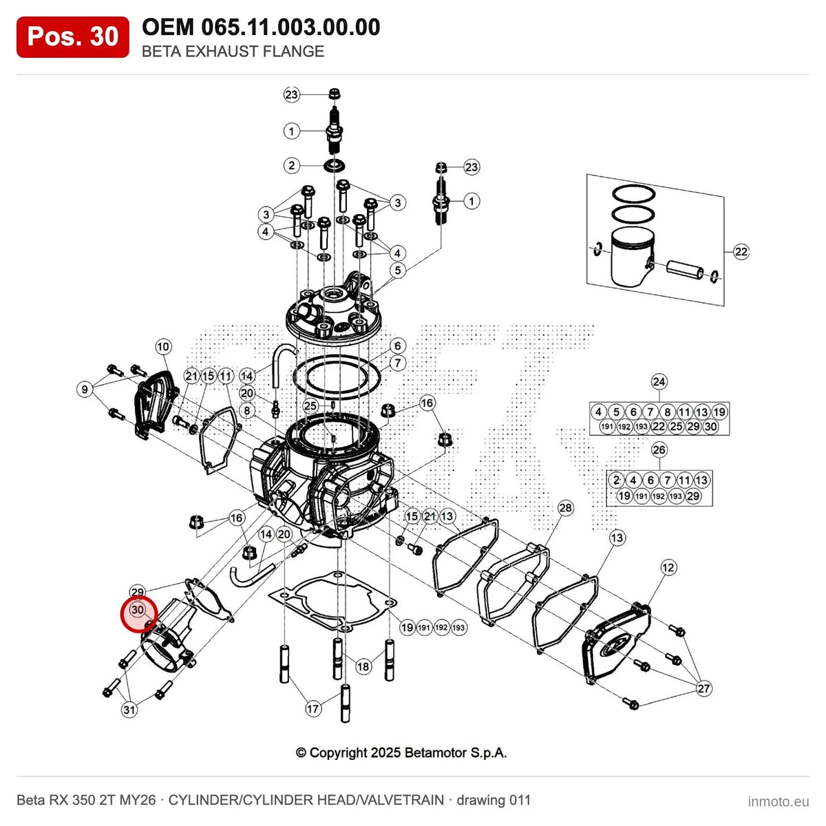 BETA EXHAUST FLANGE – OEM 065.11.003.00.00, position 30 on the Beta RX 350 2T MY26 cylinder/cylinder head/valvetrain drawing