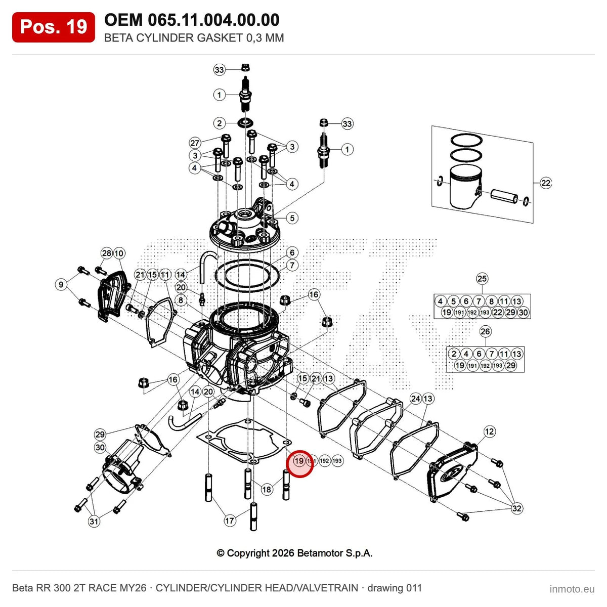 BETA CYLINDER GASKET 0,3 MM – OEM 065.11.004.00.00, position 19 on the Beta RR 300 2T RACE MY26 cylinder/cylinder head/valvetrain drawing