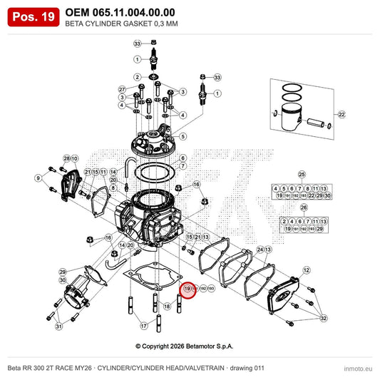 BETA CYLINDER GASKET 0,3 MM – OEM 065.11.004.00.00, position 19 on the Beta RR 300 2T RACE MY26 cylinder/cylinder head/valvetrain drawing