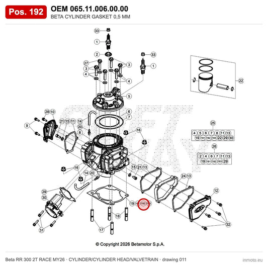 BETA CYLINDER GASKET 0,5 MM – OEM 065.11.006.00.00, position 192 on the Beta RR 300 2T RACE MY26 cylinder/cylinder head/valvetrain drawing