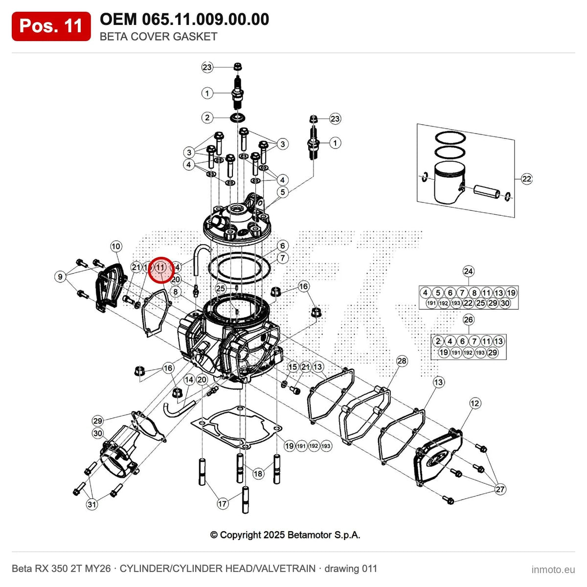 BETA COVER GASKET – OEM 065.11.009.00.00, position 11 on the Beta RX 350 2T MY26 cylinder/cylinder head/valvetrain drawing