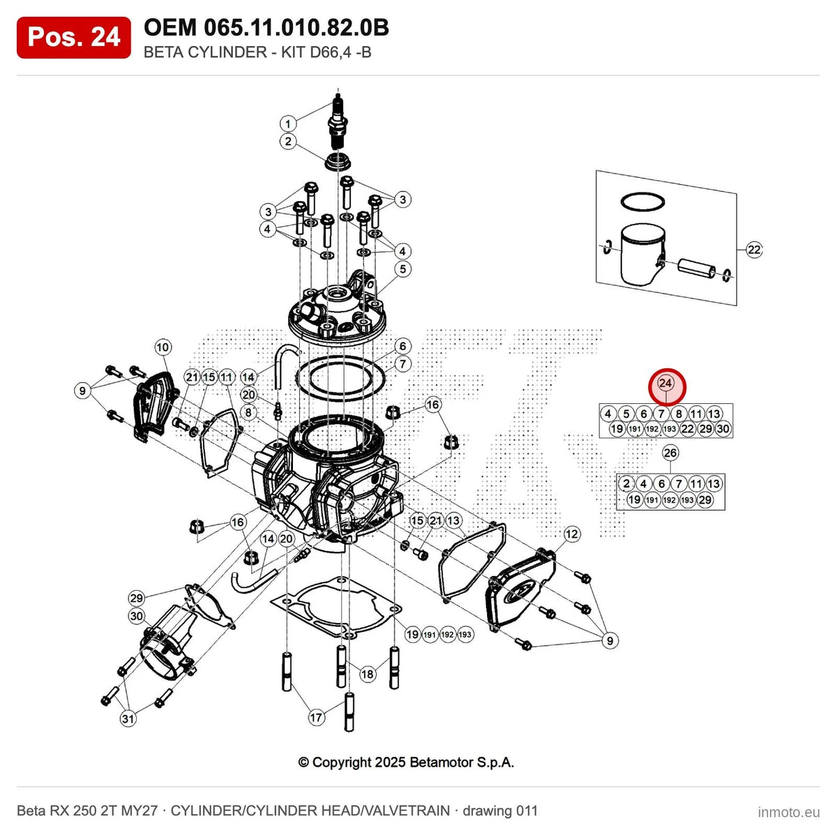 BETA CYLINDER - KIT D66,4 -B – OEM 065.11.010.82.0B, position 24 on the Beta RX 250 2T MY27 cylinder/cylinder head/valvetrain drawing