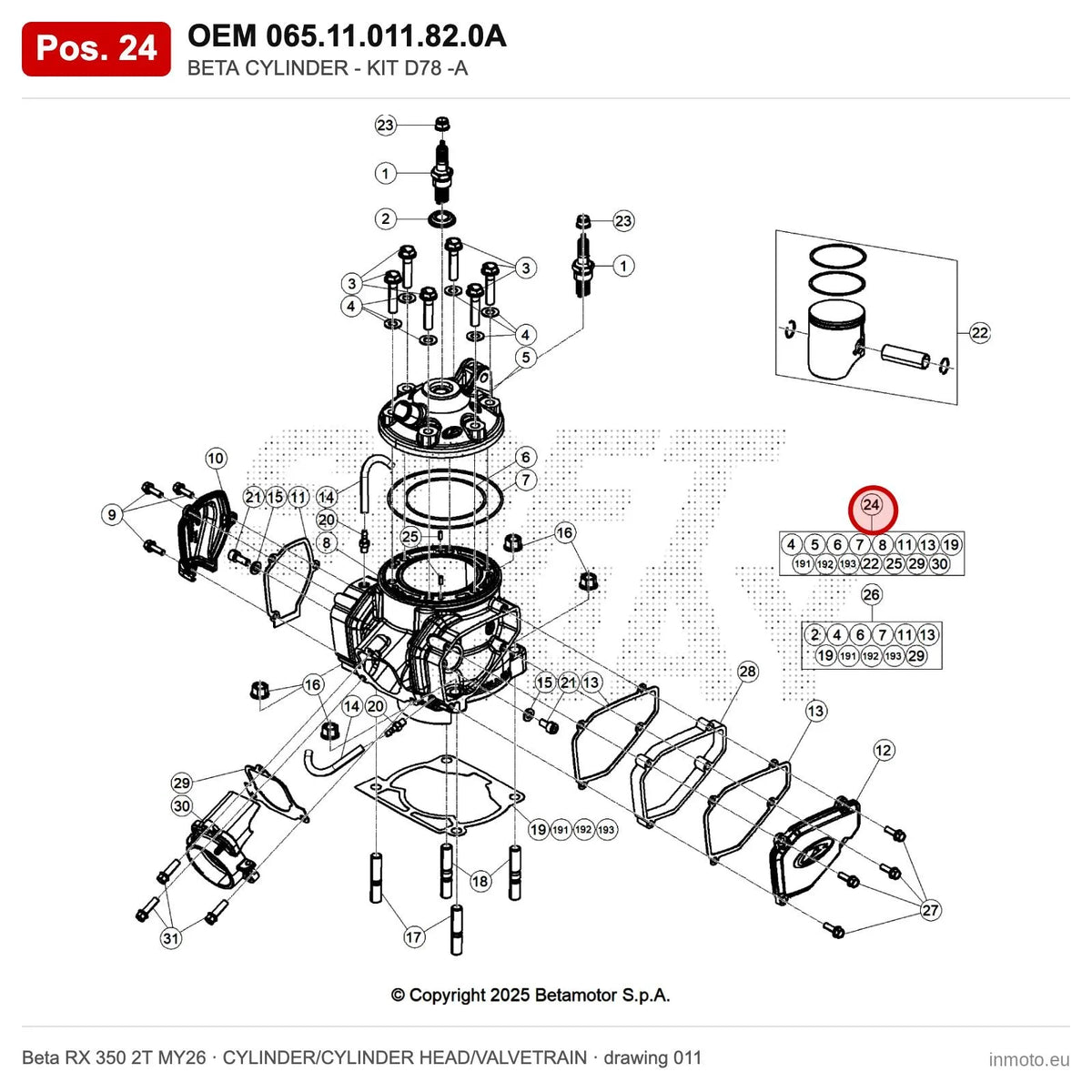 BETA CYLINDER - KIT D78 -A – OEM 065.11.011.82.0A, position 24 on the Beta RX 350 2T MY26 cylinder/cylinder head/valvetrain drawing