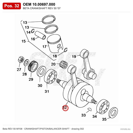 BETA CRANKSHAFT REV 50 '07 – OEM 10.00697.000, position 32 on the Beta REV 50 MY08 crankshaft/piston/balancer shaft drawing
