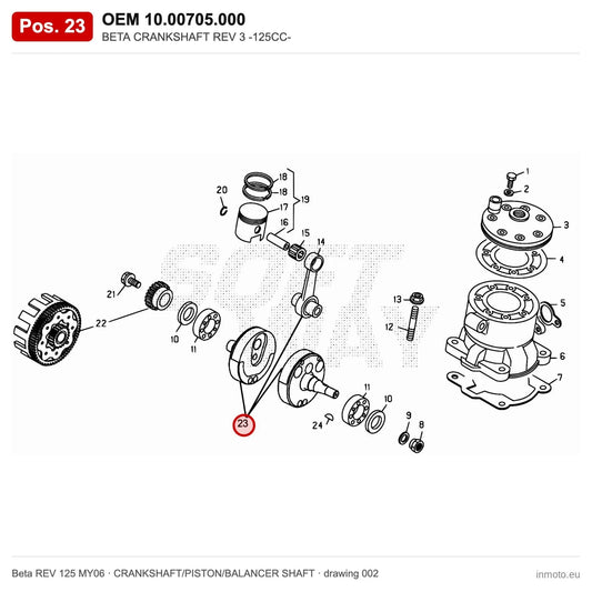 BETA CRANKSHAFT REV 3 -125CC- – OEM 10.00705.000, position 23 on the Beta REV 125 MY06 crankshaft/piston/balancer shaft drawing