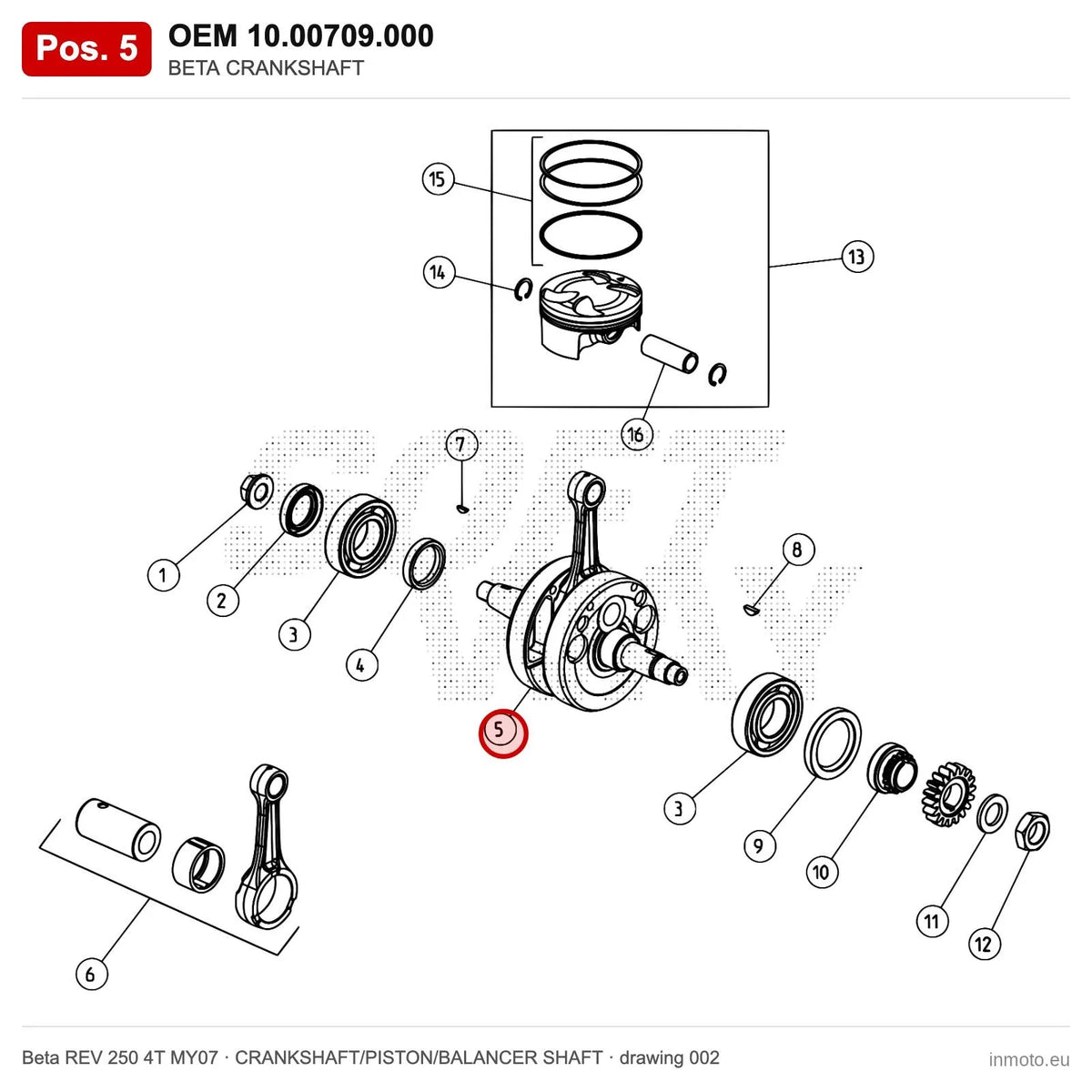 BETA CRANKSHAFT – OEM 10.00709.000, position 5 on the Beta REV 250 4T MY07 crankshaft/piston/balancer shaft drawing