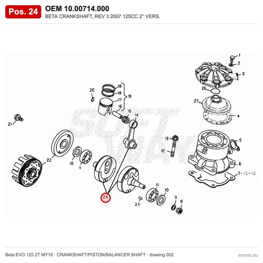 BETA CRANKSHAFT, REV 3 2007 125CC 2° VERS. – OEM 10.00714.000, position 24 on the Beta EVO 125 2T MY10 crankshaft/piston/balancer shaft drawing