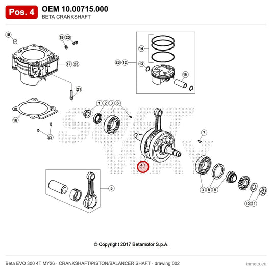 BETA CRANKSHAFT – OEM 10.00715.000, position 4 on the Beta EVO 300 4T MY26 crankshaft/piston/balancer shaft drawing