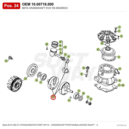BETA CRANKSHAFT EVO '09 250/290CC – OEM 10.00716.000, position 24 on the Beta EVO 300 2T STANDARD/FACTORY MY13 crankshaft/piston/balancer shaft drawing
