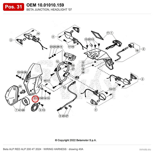 BETA JUNCTION, HEADLIGHT '07 – OEM 10.01010.159, position 31 on the Beta ALP RED ALP 200 4T 2024 wiring harness drawing