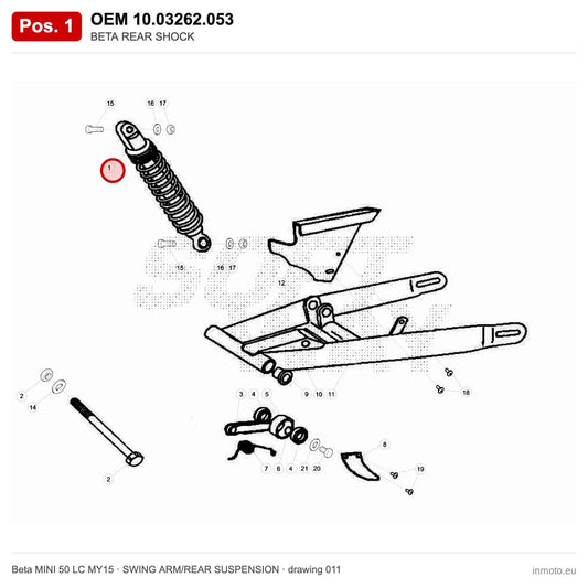 BETA REAR SHOCK – OEM 10.03262.053, position 1 on the Beta MINI 50 LC MY15 swing arm/rear suspension drawing