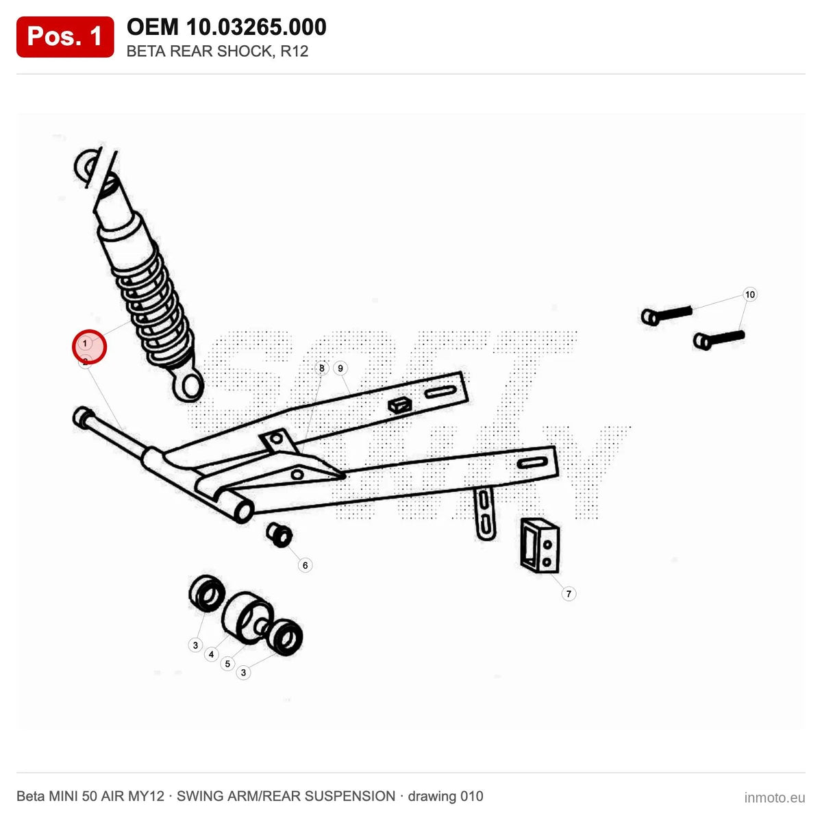 BETA REAR SHOCK, R12 – OEM 10.03265.000, position 1 on the Beta MINI 50 AIR MY12 swing arm/rear suspension drawing