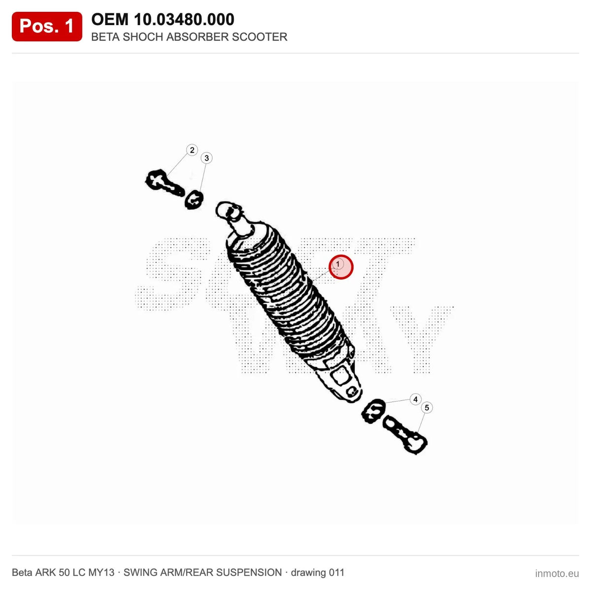 BETA SHOCH ABSORBER SCOOTER – OEM 10.03480.000, position 1 on the Beta ARK 50 LC MY13 swing arm/rear suspension drawing