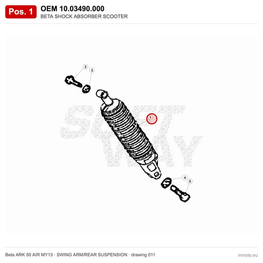 BETA SHOCK ABSORBER SCOOTER – OEM 10.03490.000, position 1 on the Beta ARK 50 AIR MY13 swing arm/rear suspension drawing