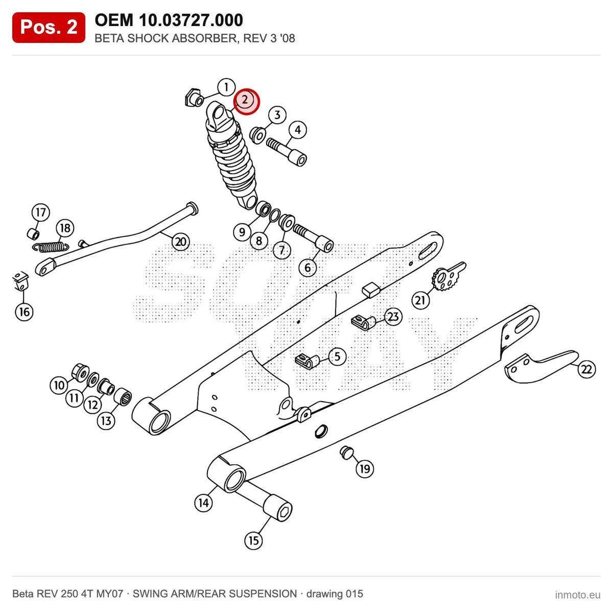 BETA SHOCK ABSORBER, REV 3 '08 – OEM 10.03727.000, position 2 on the Beta REV 250 4T MY07 swing arm/rear suspension drawing