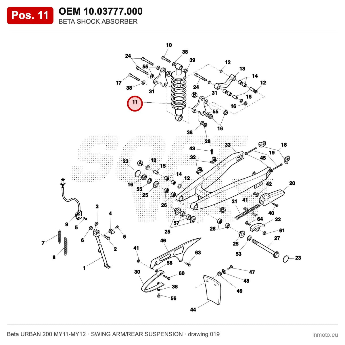 BETA SHOCK ABSORBER – OEM 10.03777.000, position 11 on the Beta URBAN 200 MY11-MY12 swing arm/rear suspension drawing