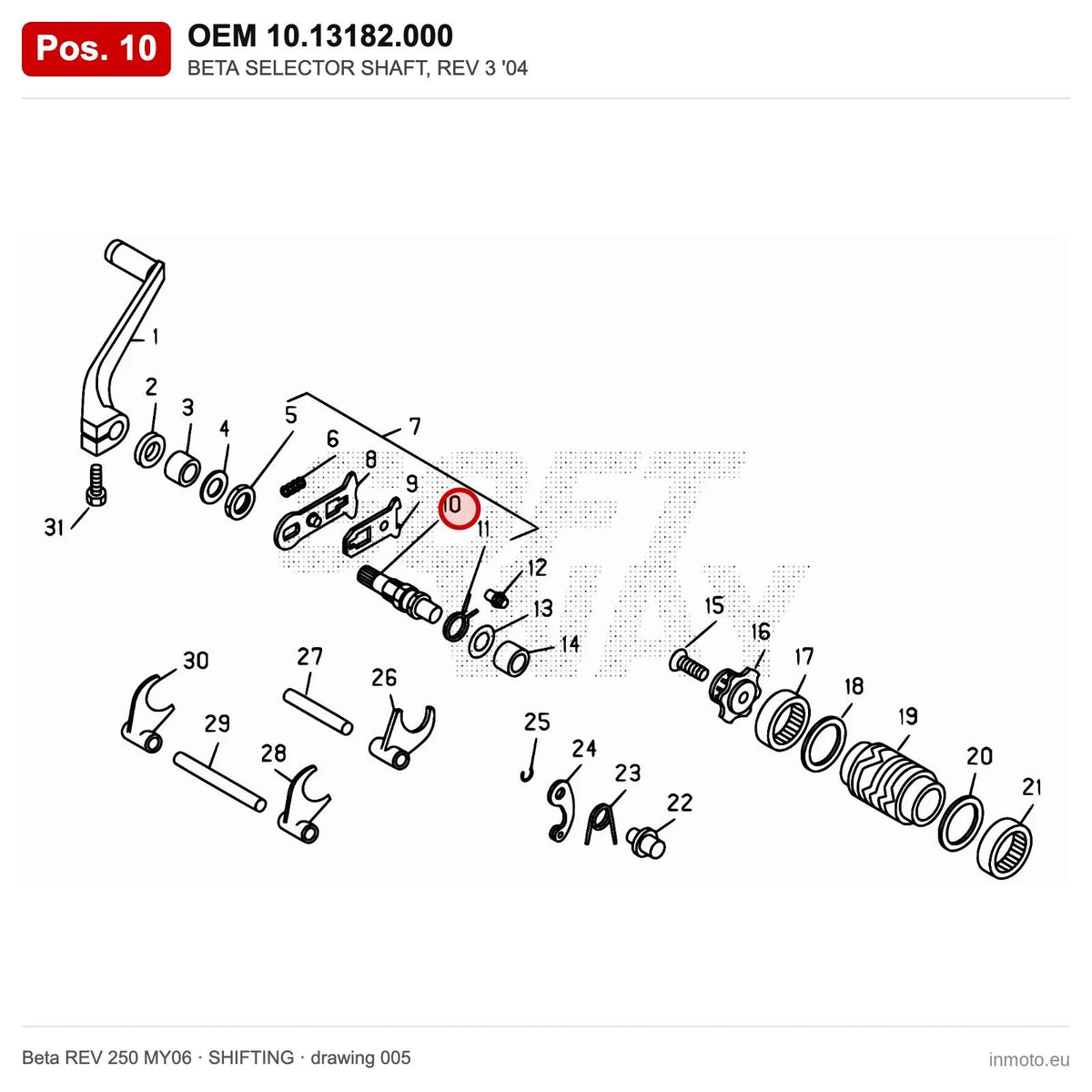 BETA SELECTOR SHAFT, REV 3 '04 – OEM 10.13182.000, position 10 on the Beta REV 250 MY06 shifting drawing
