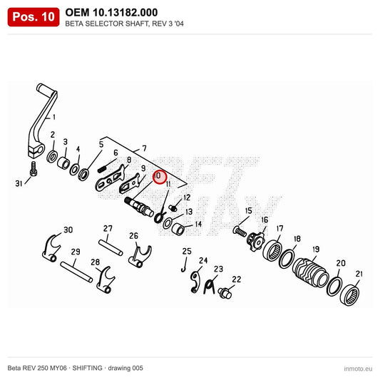 BETA SELECTOR SHAFT, REV 3 '04 – OEM 10.13182.000, position 10 on the Beta REV 250 MY06 shifting drawing