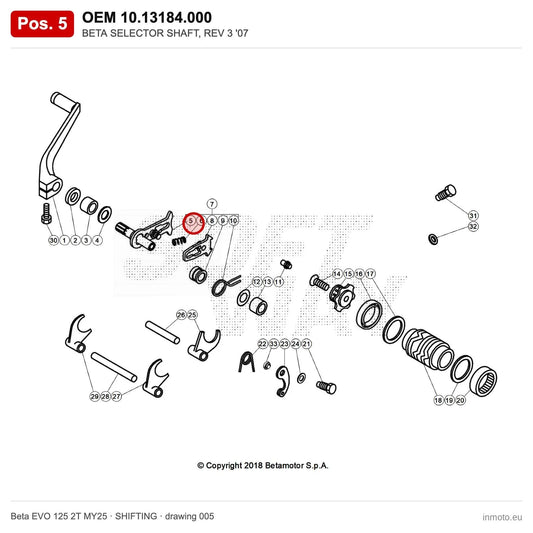 BETA SELECTOR SHAFT, REV 3 '07 – OEM 10.13184.000, position 5 on the Beta EVO 125 2T MY25 shifting drawing