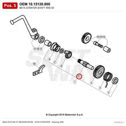 BETA STARTER SHAFT RK6-50 – OEM 10.15120.800, position 5 on the Beta EVO 80 2T SENIOR MY26 kick starter drawing