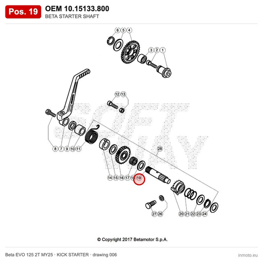 BETA STARTER SHAFT – OEM 10.15133.800, position 19 on the Beta EVO 125 2T MY25 kick starter drawing