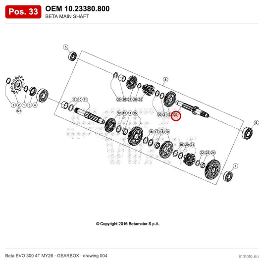 BETA MAIN SHAFT – OEM 10.23380.800, position 33 on the Beta EVO 300 4T MY26 gearbox drawing