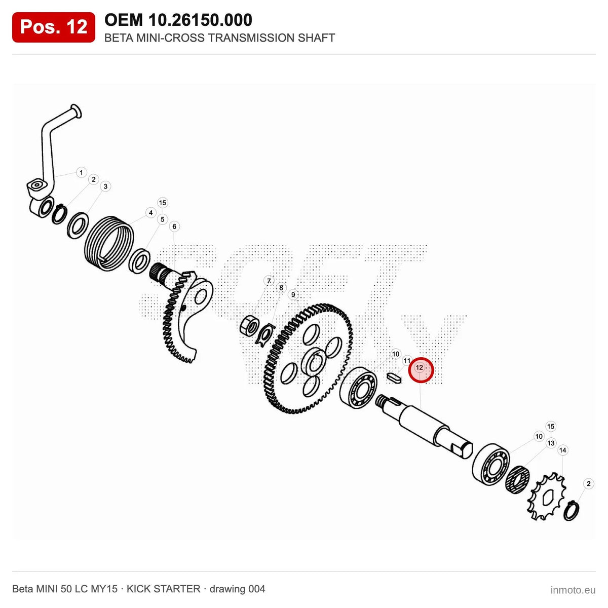 BETA MINI-CROSS TRANSMISSION SHAFT – OEM 10.26150.000, position 12 on the Beta MINI 50 LC MY15 kick starter drawing