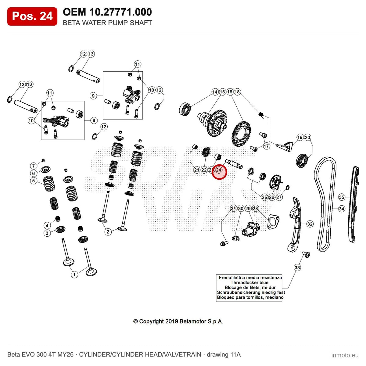 BETA WATER PUMP SHAFT – OEM 10.27771.000, position 24 on the Beta EVO 300 4T MY26 cylinder/cylinder head/valvetrain drawing