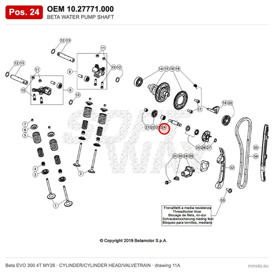BETA WATER PUMP SHAFT – OEM 10.27771.000, position 24 on the Beta EVO 300 4T MY26 cylinder/cylinder head/valvetrain drawing
