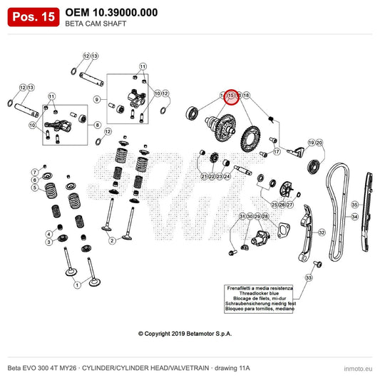 BETA CAM SHAFT – OEM 10.39000.000, position 15 on the Beta EVO 300 4T MY26 cylinder/cylinder head/valvetrain drawing