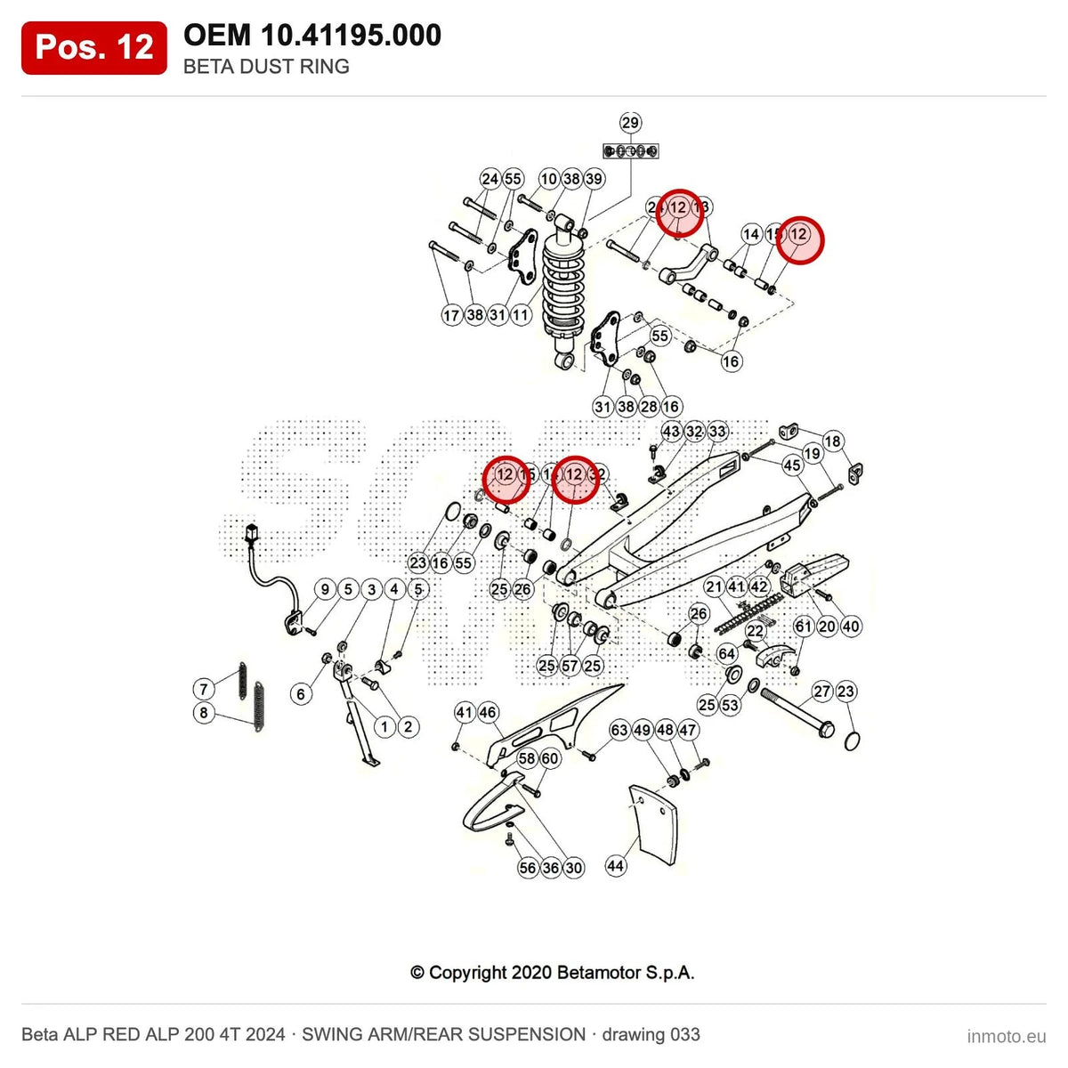 BETA DUST RING – OEM 10.41195.000, position 12 on the Beta ALP RED ALP 200 4T 2024 swing arm/rear suspension drawing