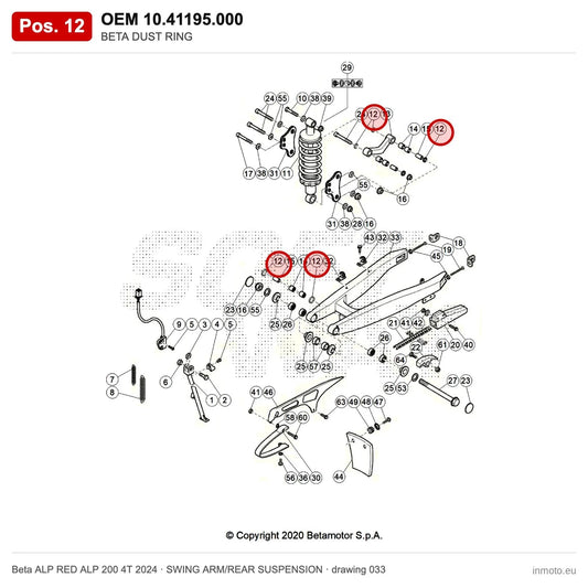 BETA DUST RING – OEM 10.41195.000, position 12 on the Beta ALP RED ALP 200 4T 2024 swing arm/rear suspension drawing
