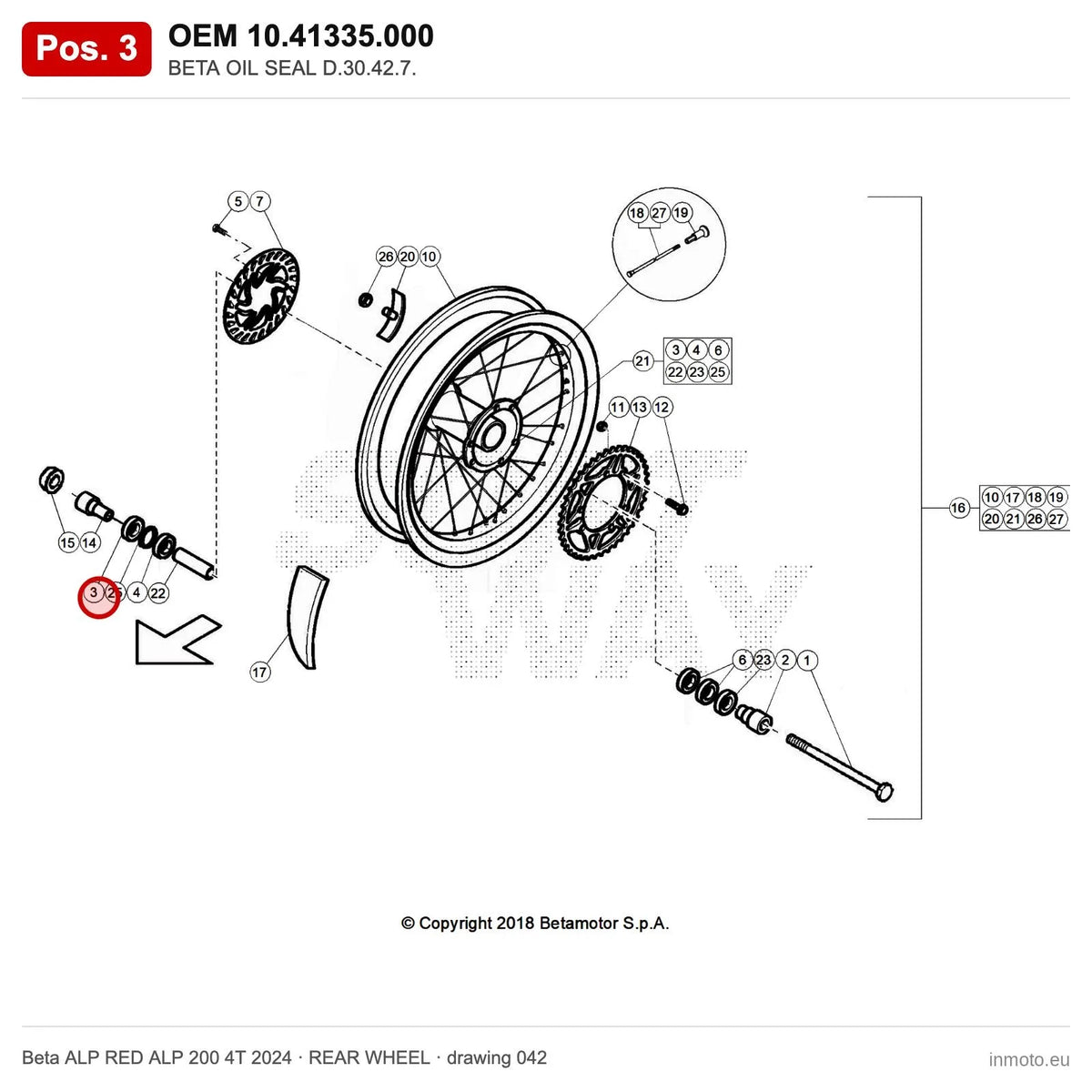 BETA OIL SEAL D.30.42.7. – OEM 10.41335.000, position 3 on the Beta ALP RED ALP 200 4T 2024 rear wheel drawing