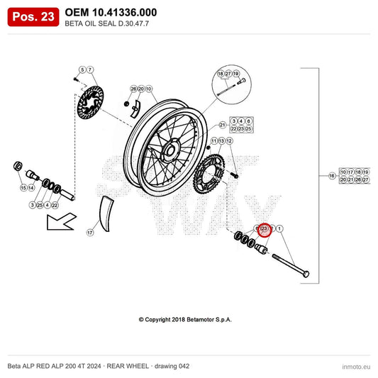 BETA OIL SEAL D.30.47.7 – OEM 10.41336.000, position 23 on the Beta ALP RED ALP 200 4T 2024 rear wheel drawing