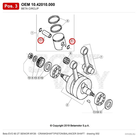 BETA CIRCLIP – OEM 10.42010.000, position 3 on the Beta EVO 80 2T SENIOR MY26 crankshaft/piston/balancer shaft drawing