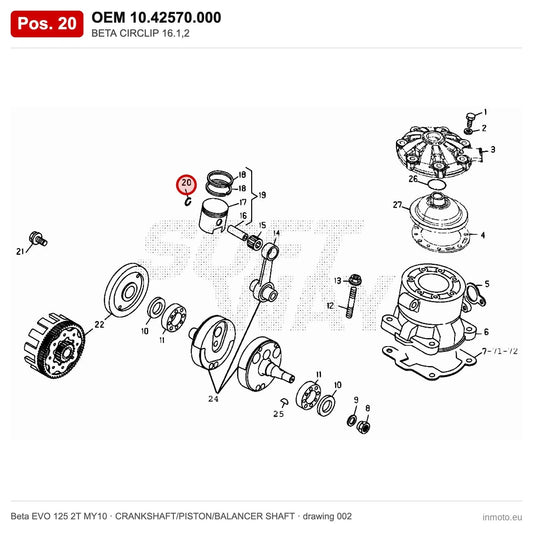 BETA CIRCLIP 16.1,2 – OEM 10.42570.000, position 20 on the Beta EVO 125 2T MY10 crankshaft/piston/balancer shaft drawing