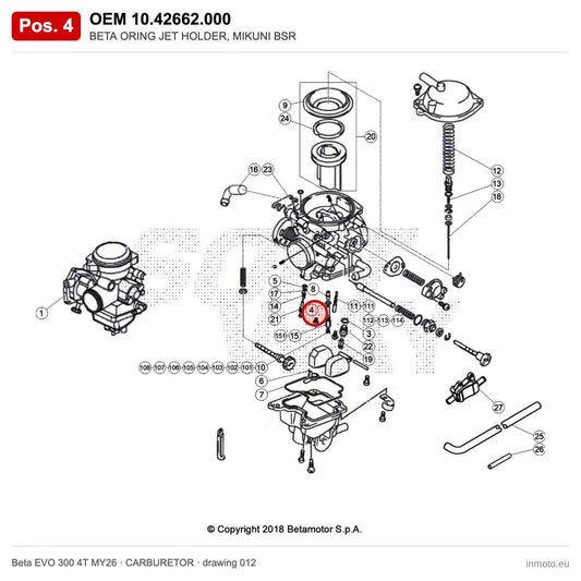 BETA ORING JET HOLDER, MIKUNI BSR – OEM 10.42662.000, position 4 on the Beta EVO 300 4T MY26 carburetor drawing