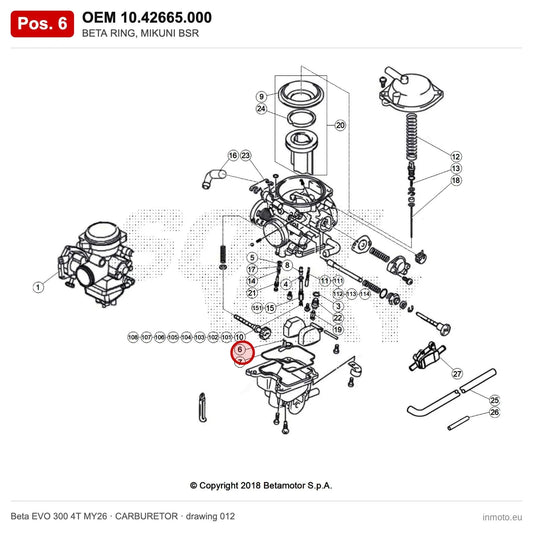 BETA RING, MIKUNI BSR – OEM 10.42665.000, position 6 on the Beta EVO 300 4T MY26 carburetor drawing