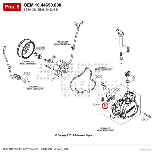 BETA OIL SEAL 10.22.6 B – OEM 10.44690.000, position 5 on the Beta RR 350 4T X-PRO MY27 ignition drawing