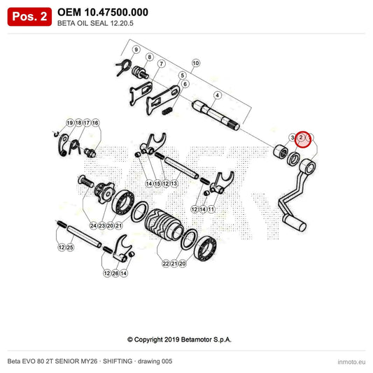 BETA OIL SEAL 12.20.5 – OEM 10.47500.000, position 2 on the Beta EVO 80 2T SENIOR MY26 shifting drawing