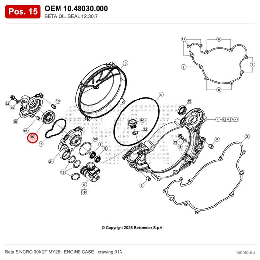 BETA OIL SEAL 12.30.7 – OEM 10.48030.000, position 15 on the Beta SINCRO 300 2T MY26 engine case drawing