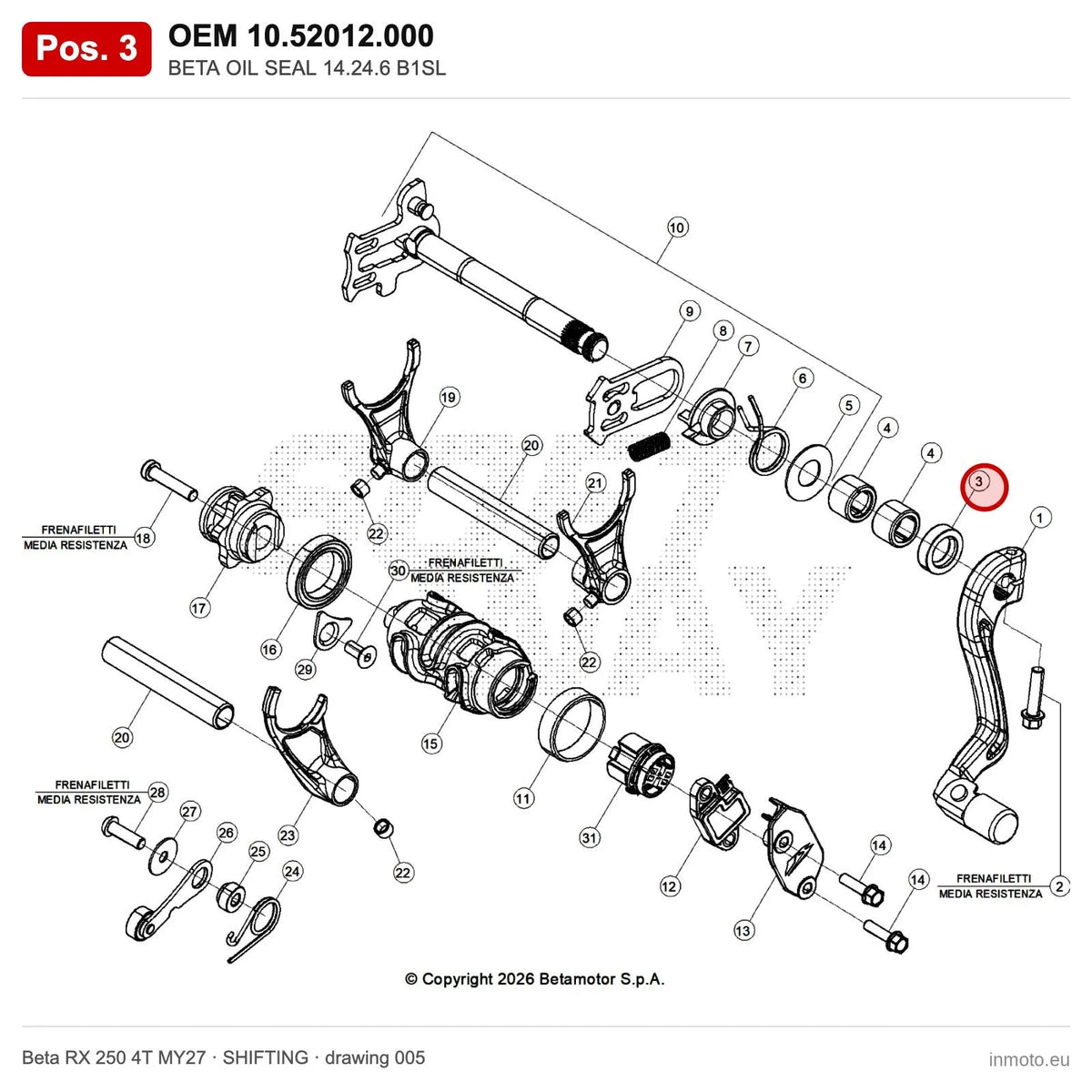 BETA OIL SEAL 14.24.6 B1SL – OEM 10.52012.000, position 3 on the Beta RX 250 4T MY27 shifting drawing
