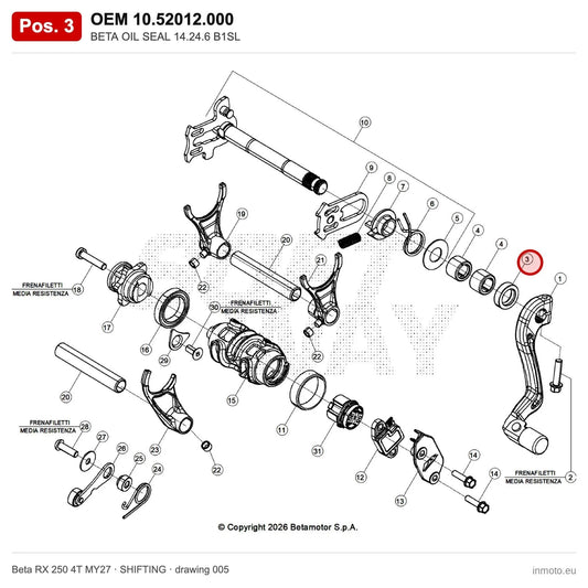 BETA OIL SEAL 14.24.6 B1SL – OEM 10.52012.000, position 3 on the Beta RX 250 4T MY27 shifting drawing
