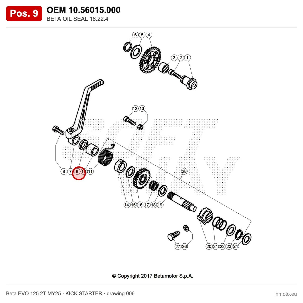 BETA OIL SEAL 16.22.4 – OEM 10.56015.000, position 9 on the Beta EVO 125 2T MY25 kick starter drawing