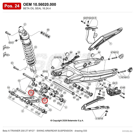 BETA OIL SEAL 16.24.4 – OEM 10.56020.000, position 24 on the Beta X-TRAINER 200 2T MY27 swing arm/rear suspension drawing