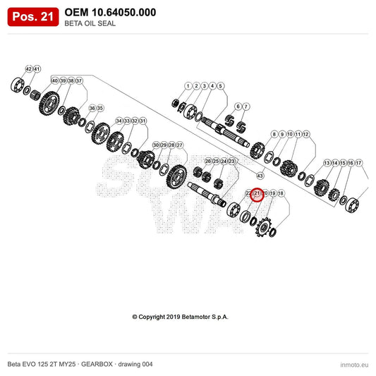 BETA OIL SEAL – OEM 10.64050.000, position 21 on the Beta EVO 125 2T MY25 gearbox drawing