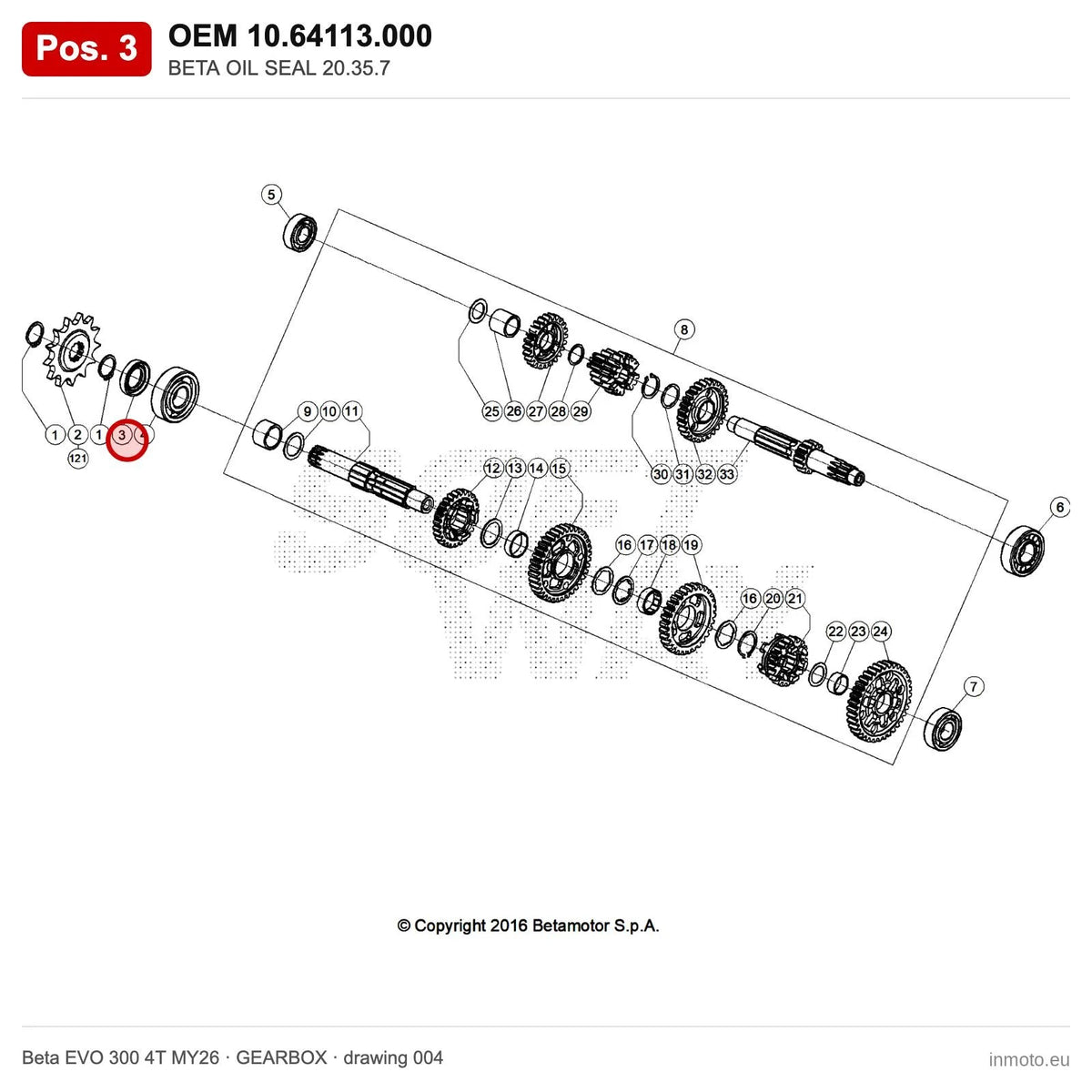 BETA OIL SEAL 20.35.7 – OEM 10.64113.000, position 3 on the Beta EVO 300 4T MY26 gearbox drawing